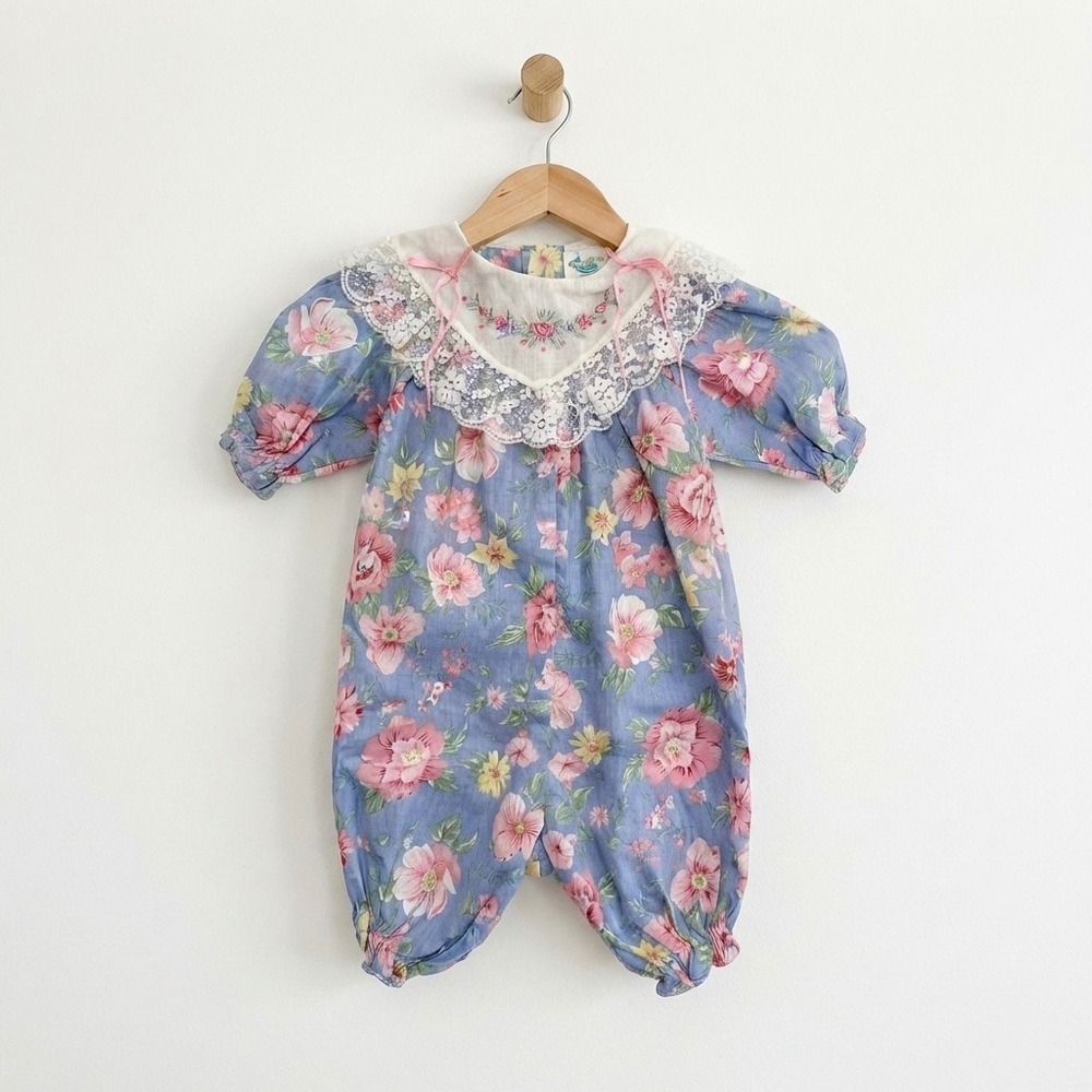 VTG 80s Cradle Togs Floral Baby Romper 0-6 Months Lace Collar Cottagecore